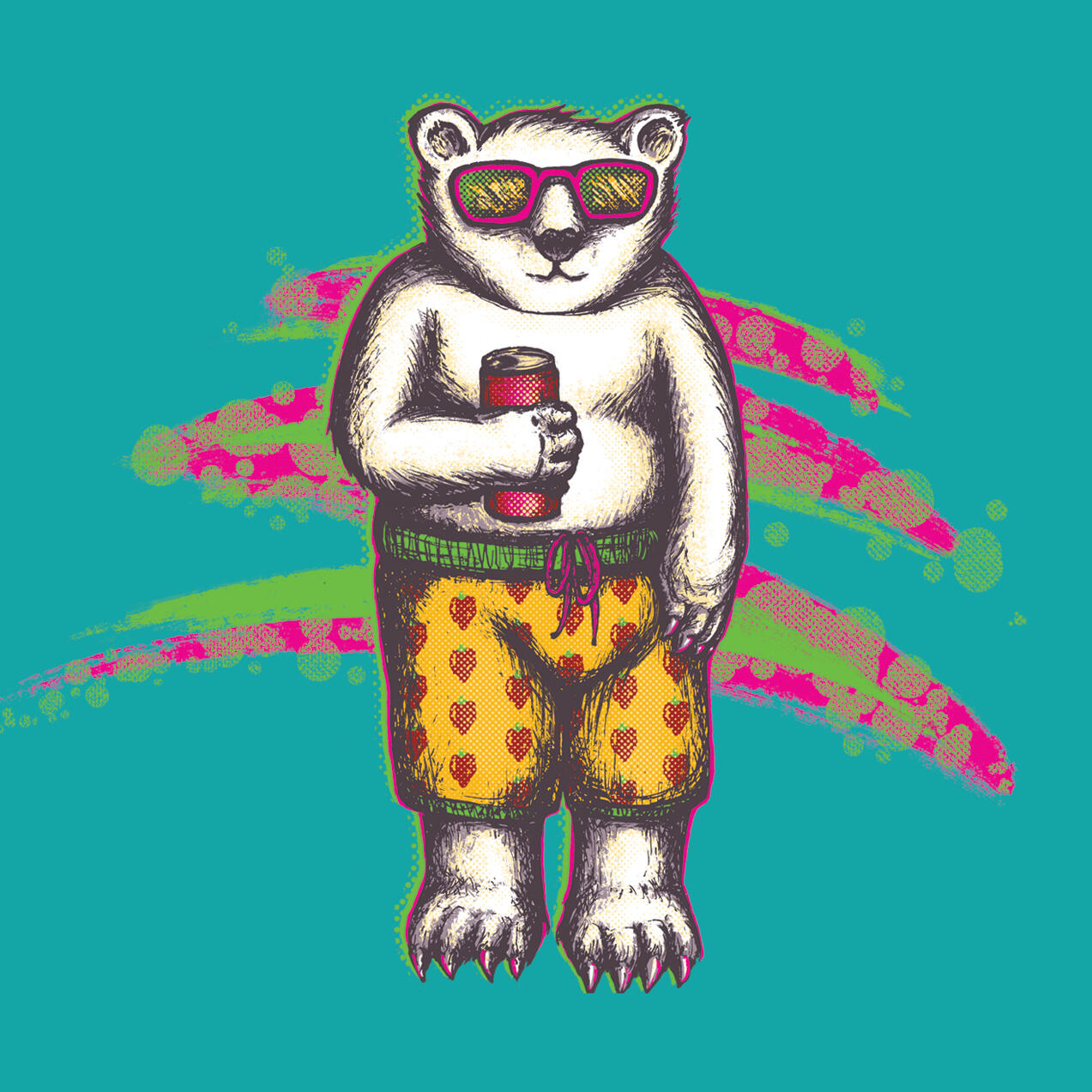 illustration of a polar bear. the bear is wearing sunglasses and yellow shorts with a hot pepper pattern, and holding a canned beverage